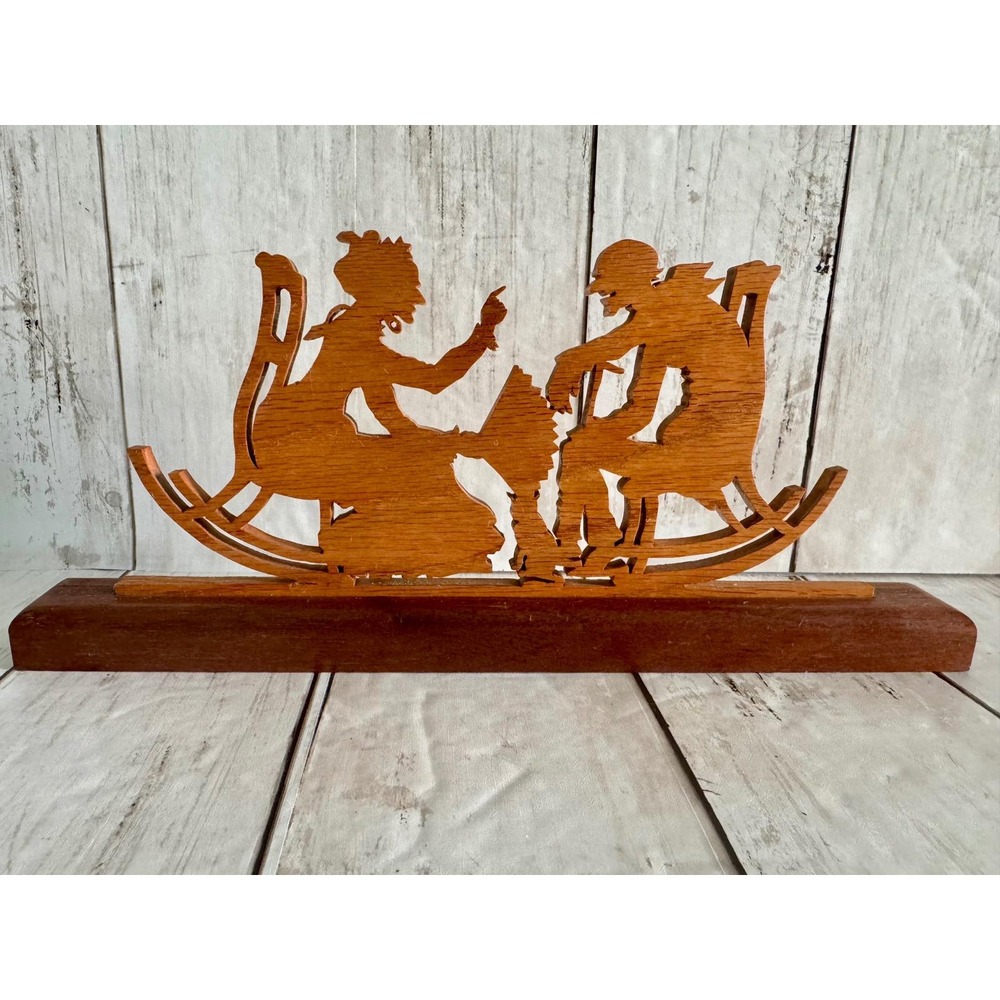 Vintage Wood Carving Silhouette Old Couple Rocking Chairs Shelf Decor - Picture 2 of 7